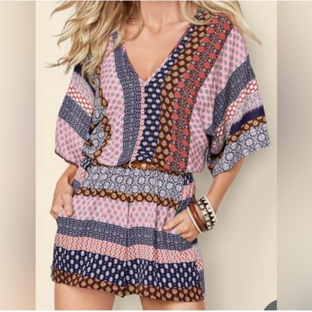 Venus Womens Boho Patchwork Print V-Neck Romper Navy Pink Size Medium Summer‎